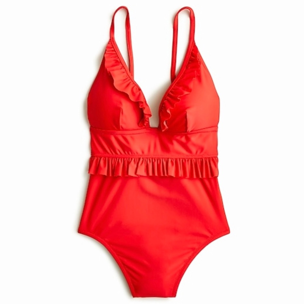 J. Crew Red Ruffle One Piece Swimsuit